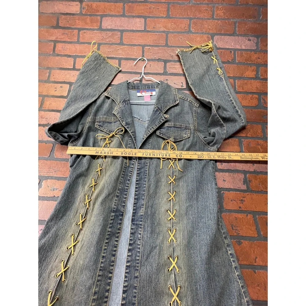 Mwah Jeans Y2K Acid Wash Denim duster Jacket Raw Frayed Edge Cord Leather Lacing
